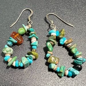 Small Vintage Turquoise Chip Beaded Hoop Earrings Amber Onyx & Turquoise Beads